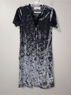 No Comment Dark Gray Crushed Velvet Dress Lace Up Neckline Girls S 7/8